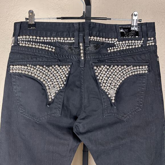 Robins Jeans RARE Mens 36" 100% Cotton Black Denim Long Flap Studded Waist Pants - Picture 1 of 9